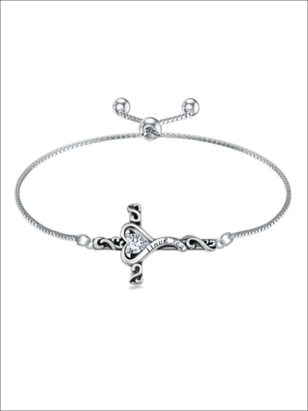TOUPOP 925 Sterling Silver Heart Cross Link Bracelet Adjustable 9 Inch